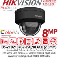 Hikvision 4K IP PoE Vandal Resistant Audio ColorVu AcuSense Black Dome Camera with 2.8mm Lens, 30m White Light Range, IP67 - DS-2CD2187G2-LSU/Black (2.8mm)