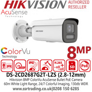 Hikvision 4K IP PoE ColorVu Motorize Varifocal 8MP Bullet Camera with 60m White Light Range, IP67 Water and Dust Resistant, IK10 Vandal Resistant, 130dB WDR, H.265+ Compression Technology, 27/7 Colorful Imaging- DS-2CD2687G2T-LZS (2.8-12mm)