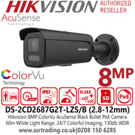 Hikvision DS-2CD2687G2T-LZS/Black (2.8-12mm) 24/7 Colorful Imaging 8MP Motorize Varifocal Black IP PoE Camera , IP67 Water and Dust Resistant, IK10 Vandal Resistant