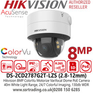 Hikvision 4K/8MP IP PoE ColorVu AcuSense Dome Camera with 2.8-12mm Motorize Varifocal Lens, 40m White Light Range, 24/7 Colorful Imaging, IP67 Water and Dust Resistant, IK10 Vandal Resistant, 130dB WDR - DS-2CD2787G2T-LZS (2.8-12mm)