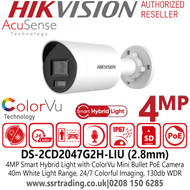 Hikvision 4MP Smart Hybrid Light with ColorVu Mini Bullet IP PoE Camera - DS-2CD2047G2H-LIU (2.8mm) 