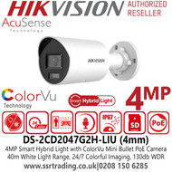 Hikvision 4MP Smart Hybrid Light with ColorVu Mini Bullet IP PoE Camera  - DS-2CD2047G2H-LIU (4mm) 