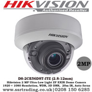  Hikvision 2MP 2.8-12mm Motorised Varifocal Lens 20m IR Turbo HD Ultra -Low Light EXIR TVI/AHD/CVI/CVBS Dome Camera -  (DS-2CE56D8T-ITZ)