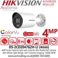 DS-2CD2047G2H-LI (4mm) Hikvision 4MP Smart Hybrid Light with ColorVu Mini Bullet IP PoE Camera , 4mm Fixed Lens, 40m White Light Range, 27 x 7 Color Imaging