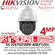 DS-2DE7S425MW-AEB(F1)(S5) Hikvision 4MP IP PoE PTZ Camera with AcuSense, DarkFighter, ColorVu Technology, 30m White Light Range, 200m IR Range, Digital WDR, IP66, IK10 Vandal Resistant, Face Capture,  25 x Optical Zoom 