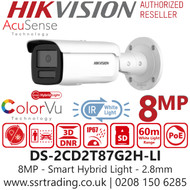 Hikvision 8MP Smart Hybrid Light with Color IP PoE Camera - DS-2CD2T87G2H-LI (2.8mm) 
