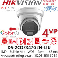 Hikvision 4MP Smart Hybrid Light with ColorVu Turret IP PoE Camera - DS-2CD2347G2H-LIU (2.8mm) 