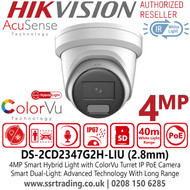 Hikvision IP PoE 4MP Smart Hybrid Light with ColorVu AcuSense Turret Camera, 2.8mm Fixed Lens, 40m White Light Range, IP67 Water and Dust Resistant, H.265+ Compression Technology, 130dB WDR - DS-2CD2347G2H-LIU (2.8mm) 