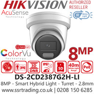 Hikvision 8MP Smart Hybrid Light with ColorVu Fixed Lens Turret IP PoE Camera - DS-2CD2387G2H-LI (2.8mm) 
