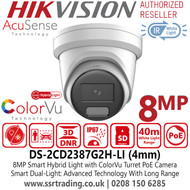 DS-2CD2387G2H-LI (4mm) Hikvision 4K/8MP Smart Hybrid Light with ColorVu Fixed Lens Turret IP PoE Camera