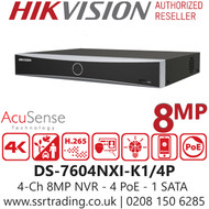 Hikvision 4 Channel Acusense 4K NVR, 4 PoE, 1 SATA - DS-7604NXI-K1/4P