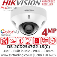 Hikvision 4MP ColorVu AcuSense Mini Dome PoE IP Camera with Mic - DS-2CD2547G2-LS (2.8mm)