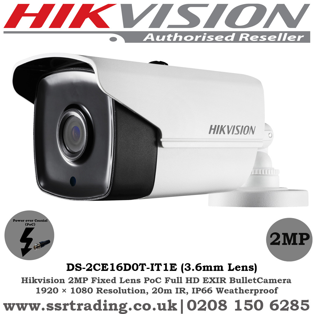 Hikvision 2MP 3.6mm Fixed Lens 20m IR IP66 Outdoor HD 1080p PoC EXIR
