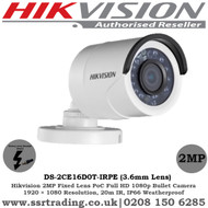 Hikvision 2MP 3.6mm Fixed Lens 20m IR IP66  PoC Outdoor Turbo HD Bullet Camera - (DS-2CE16D0T-IRPE)