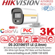 Hikvision DS-2CE10KF3T-LE 3K ColorVu Dual-light PoC Mini Bullet Camera with 2.8mm Fixed Lens, 20m White Light Range, 130dB WDR, IP67 Water and Dust Resistant, 24/7 Color Imaging with F1.0 Aperture