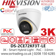 Hikvision 3K ColorVu Dual-light PoC Turret Camera - DS-2CE72KF3T-LE (3.6mm)