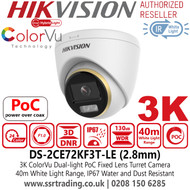 Hikvision 3K ColorVu Dual-light PoC Turret Camera with 2.8mm Fixed Lens, 40m White Light Range,  24/7 Color Imaging with F1.0 Aperture, IP67 Water and Dust Resistant - DS-2CE72KF3T-LE (2.8mm)