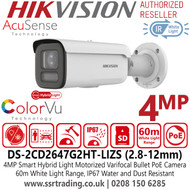 Hikvision 4MP IP PoE Smart Hybrid Light Camera with ColorVu Technology, 2.8-12mm Motorized Varifocal Lens, 60m White Light Range, IP67 Water and Dust Resistant, IK10 Vandal Resistant, 130db WDR - DS-2CD2647G2HT-LIZS 