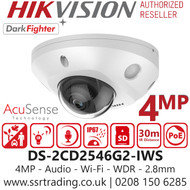 Hikvision 4MP IP PoE AcuSense DarkFighter Audio Wi-Fi Mini Dome Camera with 2.8mm Fixed Lens, 30m IR Range, IP67 Water and Dust Resistant, IK08 Vandal Proof, 120dB WDR - DS-2CD2546G2-IWS (2.8mm)