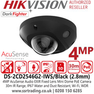 Hikvision 4MP AcuSense DarkFighter Audio Wi-Fi Mini Dome PoE Camera with 2.8mm Fixed Lens, 30m IR Range, IP67 Water and Dust Resistant, IK08 Vandal Proof, 120dB WDR - DS-2CD2546G2-IWS/Black