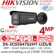 Hikvision DS-2CD2647G2HT-LIZS/Black 4MP IP PoE Smart Hybrid Light Camera with ColorVu Technology, 2.8-12mm Motorized Varifocal Lens, 60m White Light Range, IP67 Water and Dust Resistant, IK10 Vandal Resistant, 130db WDR 