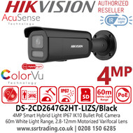 Hikvision 4MP IP PoE Smart Hybrid Light Camera with ColorVu Technology, 2.8-12mm Motorized Varifocal Lens, 60m White Light Range, IP67 Water and Dust Resistant, IK10 Vandal Resistant, 130db WDR - DS-2CD2647G2HT-LIZS/Black