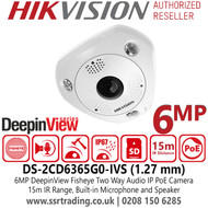 Hikvision DS-2CD6365G0-IVS (1.27mm) 6MP IP PoE DeepinView Fisheye Camera with Built-in Microphone and Speaker, 15m IR Range, IP67 Water and Dust Resistant, IK10 Vandal Resistant 