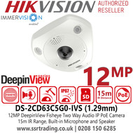 12MP Hikvision DeepinView Immervision Lens Fisheye IP PoE Camera with Built in Mic and Speaker - DS-2CD63C5G0-IVS(1.29mm)