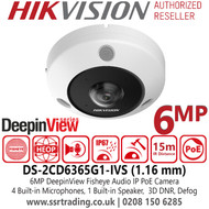 Hikvision DS-2CD6365G1-IVS (1.16mm) 6MP DeepinView Fisheye IP PoE Camera with 1.16mm Fixed Lens, Built in Mic and Speaker, IP67 Water and Dust Resistant, IK10 Vandal Resistant, Digital WDR, 3D DNR 