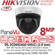 Hikvision DS-2CD6924G0-IHS(C) 8MP 180° PanoVu IP PoE Camera with Fixed Focal Lens, 2.8 mm, Four Lenses, 20m IR Range, IP67 Water and Dust Resistant, IK10 Vandal Resistant, Built-in Heater 