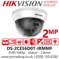 Hikvision 2MP Full HD Indoor TVI Dome Camera with 2.8mm Fixed Lens, 20m IR Range - DS-2CE56D0T-IRMMF (2.8mm)