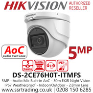 DS-2CE76H0T-ITMFS Hikvision 5MP Built-in Mic AoC 30m IR Range EXIR Turret Camera with 2.8mm Fixed Lens