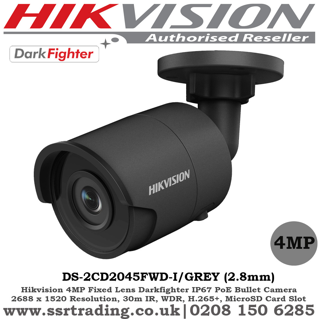 Hikvision 4MP 2.8mm Fixed Lens 30m IR Darkfighter EASYIP 3.0 IP67 IP Network Bullet Camera (DS