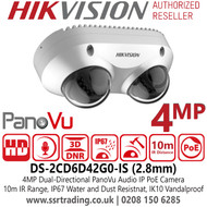 4MP Camera Hikvision IP PoE Dual-Directional PanoVu Camera with 2.8mm Fixed Lens, Water and Dust Resistant (IP67) and Vandal Resistant (IK10) - DS-2CD6D42G0-IS 