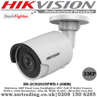 Hikvision 3MP 6mm Fixed Lens 30m IR Darkfighter Ultra Low-Light IP67 IP Network Bullet Camera - (DS-2CD2035FWD-I)