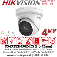 DS-2CD2H43G2-IZS (2.8-12mm) Hikvision 4MP IP PoE AcuSense Motorized Varifocal Lens Turret Camera with 40m IR Range, IP67 Water and Dust Resistant, IK10 Vandal Resistant, Built-in MicroSD, up to 512 GB 
