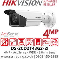 Hikvision IP PoE 4MP AcuSense Outdoor Bullet Camera with 2.8mm Fixed Lens, 60m IR Range, 120dB WDR, 3D DNR, IP67 Water and Dust Resistant, H.265+ Compression Technology - DS-2CD2T43G2-2I (2.8mm)