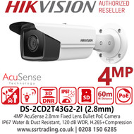 DS-2CD2T43G2-2I (2.8mm) Hikvision 4MP AcuSense Outdoor IP PoE Bullet Camera with 2.8mm Fixed Lens, 60m IR Range, 120dB WDR, 3D DNR, IP67 Water and Dust Resistant, H.265+ Compression Technology