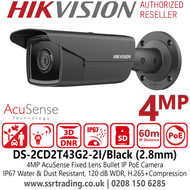 Hikvision IP PoE 4MP Outdoor AcuSense Bullet Camera with 2.8mm Fixed Lens, 60m IR Range, IP67 Water and Dust Resistant - DS-2CD2T43G2-2I/Black (2.8mm)