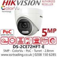 Hikvision DS-2CE72HFT-E 5MP ColorVu PoC Turret Camera with 2.8mm Fixed Lens, 20m White Light Range, IP67 Water and Dust Resistant, 130dB WDR 