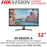 Hikvision DS-D5032FC-A 31.5-inch FHD Monitor, Built-in Speaker, 24/7 Operation, Multiple Interfaces: HDMI, VGA, DVI, BNC Input, BNC Output, Audio In, Audio Out, USB 