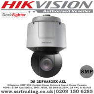  Hikvision 8MP 4K 25× Optical Zoom 16× Digital Zoom Darkfighter, IP67, IK10, 120 dB WDR, 24 VAC &Hi-PoE, H.265+, Network Speed Dome Camera - DS-2DF6A825X-AEL 