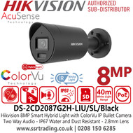 DS-2CD2087G2H-LIU/SL/Black Hikvision Latest 8MP Smart Hybrid Light with ColorVu Fixed Lens 4K Black Mini Bullet IP PoE Camera with 2.8mm Fixed Lens, Two Way Talk, IP67 Water and Dust Resistant, 130dB WDR, AcuSense Technology 