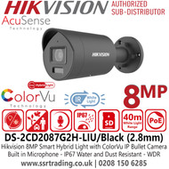 Hikvision Latest 8MP Smart Hybrid Light ColorVu AcuSense Black Mini Bullet IP PoE Camera with 2.8mm Fixed Lens, 40m White Light Distance, IP67 Water and Dust Resistant, 130dB WDR - DS-2CD2087G2H-LIU/Black (2.8mm) 