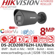 Hikvision Latest 8MP Smart Hybrid Light ColorVu AcuSense Black Mini Bullet IP PoE Camera with 4mm Fixed Lens, 40m White Light Distance, IP67 Water and Dust Resistant, 130dB WDR - DS-2CD2087G2H-LIU/Black (4mm) 