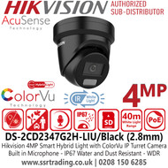 DS-2CD2347G2H-LIU/Black (2.8mm)Hikvision 4MP Smart Hybrid Light ColorVu AcuSense IP PoE Black Turret Camera with 2.8mm Fixed Lens, IP67 Water and Dust Resistant, 40m White Light Range, Built in Microphone