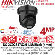 Hikvision 4MP Smart Hybrid Light ColorVu AcuSense IP PoE Black Turret Camera with 4mm Fixed Lens, IP67 Water and Dust Resistant, 40m White Light Range, Built in Microphone - DS-2CD2347G2H-LIU/Black (4mm)