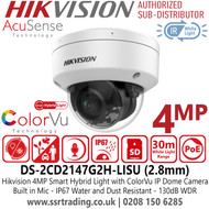 Hikvision 4MP Smart Hybrid Light ColorVu AcuSense IP PoE Dome Camera with 2.8mm Fixed Lens, IP67 Water and Dust Resistant, 30m White Light Range, Built in Microphone - DS-2CD2147G2H-LISU (2.8mm)