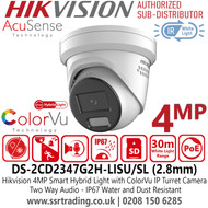  Hikvision DS-2CD2347G2H-LISU/SL (2.8mm) 4MP Smart Hybrid Light IP PoE Turret Camera with 2.8mm Fixed Lens, Two Way Audio, 30m White Light Range, IP67 Water and Dust Resistant, 130dB WDR, Strobe Light and Audio Alarm