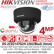 Hikvision DS-2CD2147G2H-LISU/Black (4mm) IP PoE 4MP Smart Hybrid Light AcuSense ColorVu Black Dome Camera with 4mm Fixed Lens, 30m White Light Range, IP67 Water and Dust Resistant, 130dB WDR, Built in Microphone